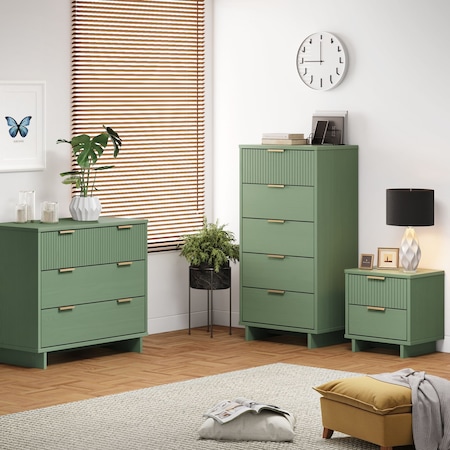 Manhattan Comfort Granville Sage Green 5-Drawer Tall Dresser, 3-Drawer Standard Dresser and 2-Drawer Nightstand GRAN053